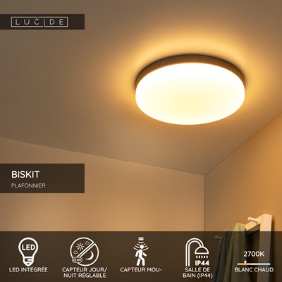 Lucide BISKIT - Plafonnier Salle de bains - Ø 40 cm - LED - 1x36W 2700K - IP44 - Détecteur De Mouvement - Noir